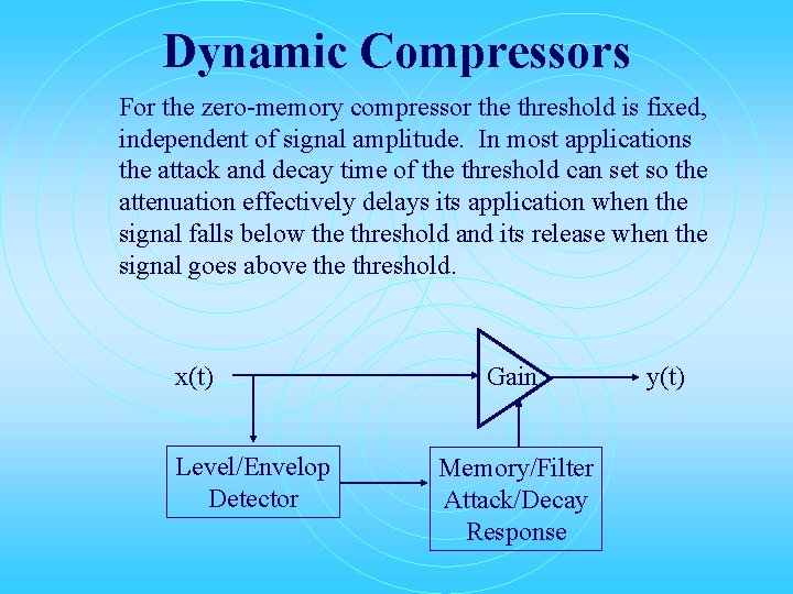 Dynamic Compressors For the zero-memory compressor the threshold is fixed, independent of signal amplitude.