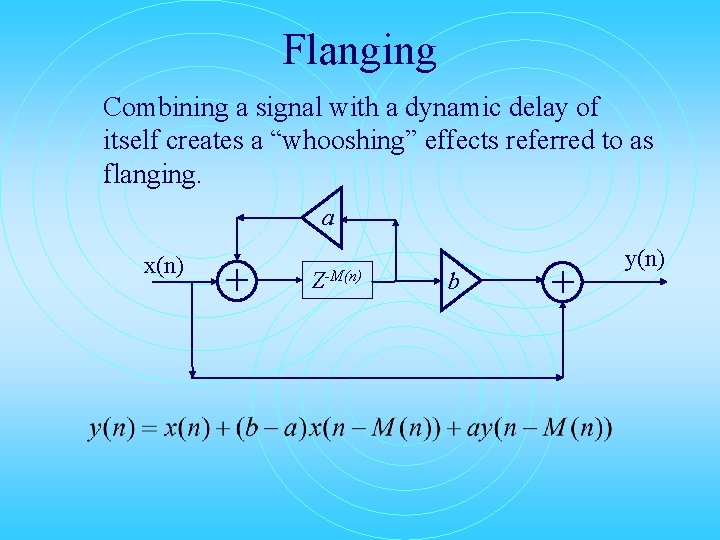 Flanging Combining a signal with a dynamic delay of itself creates a “whooshing” effects