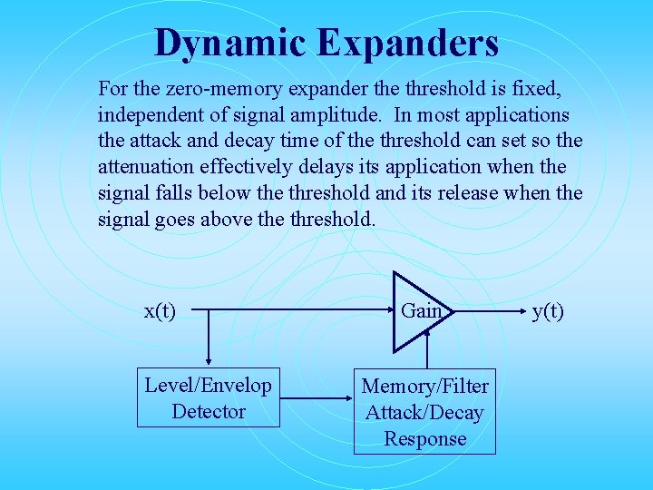 Dynamic Expanders For the zero-memory expander the threshold is fixed, independent of signal amplitude.