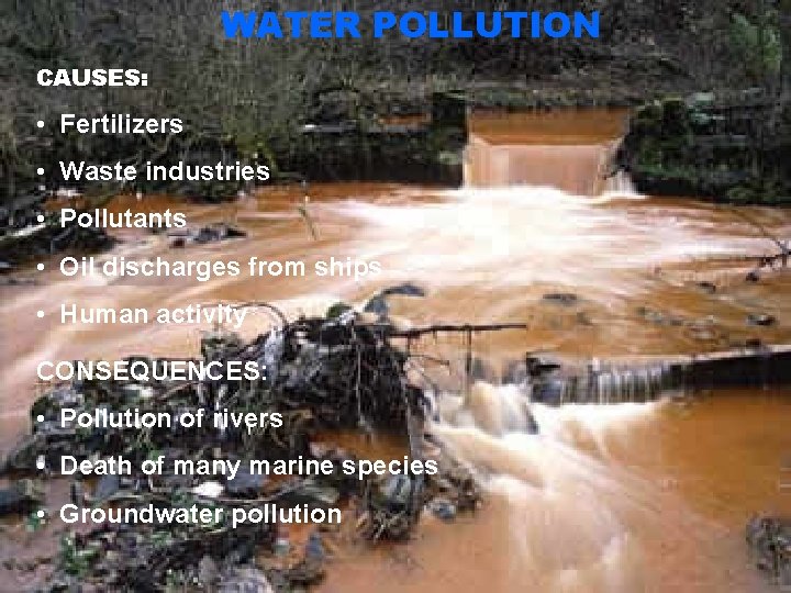 WATER POLLUTION CAUSES: • Fertilizers • Waste industries • Pollutants • Oil discharges from