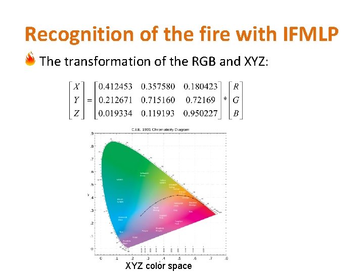 Recognition of the fire with IFMLP The transformation of the RGB and XYZ: XYZ