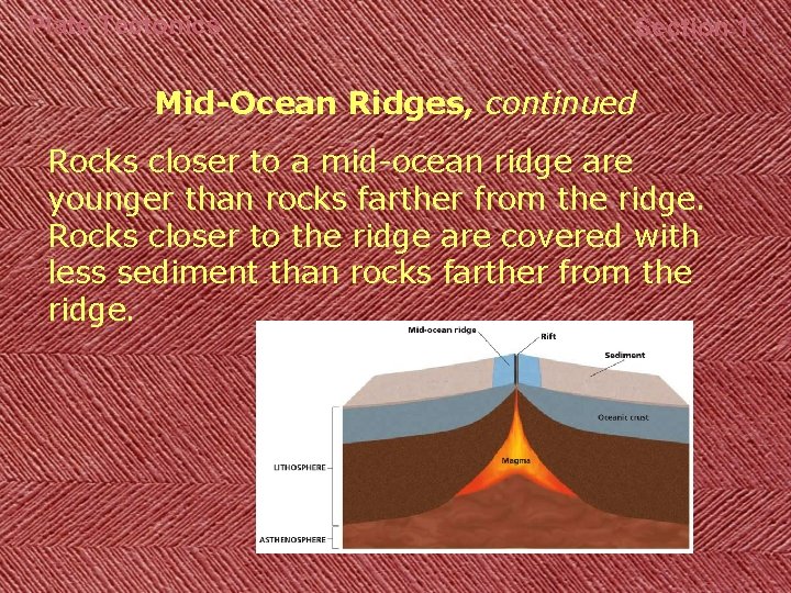 Plate Tectonics Section 1 Mid-Ocean Ridges, continued Rocks closer to a mid-ocean ridge are