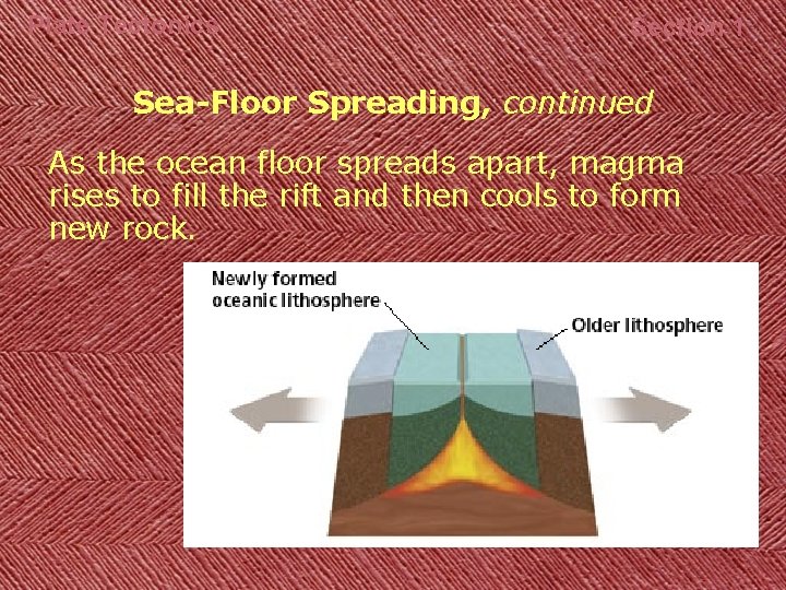 Plate Tectonics Section 1 Sea-Floor Spreading, continued As the ocean floor spreads apart, magma