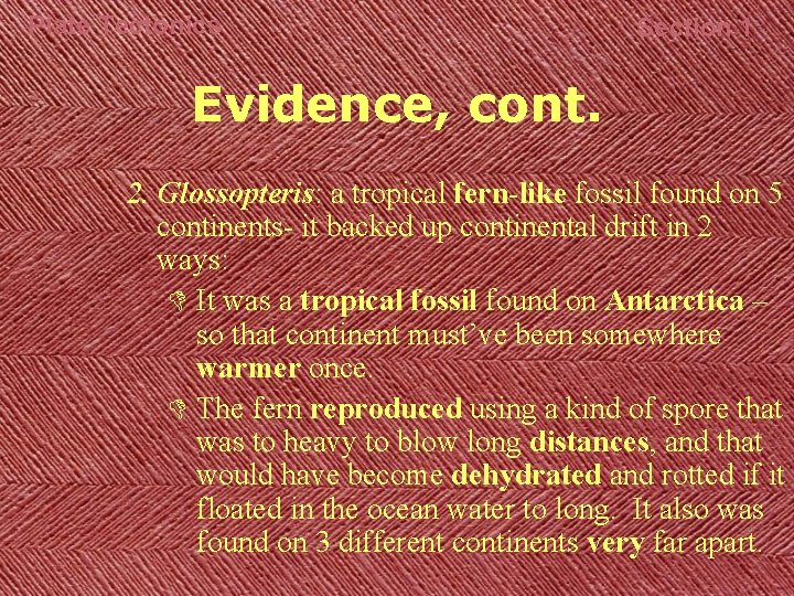 Plate Tectonics Section 1 Evidence, cont. 2. Glossopteris: a tropical fern-like fossil found on