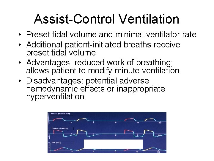 Assist-Control Ventilation • Preset tidal volume and minimal ventilator rate • Additional patient-initiated breaths