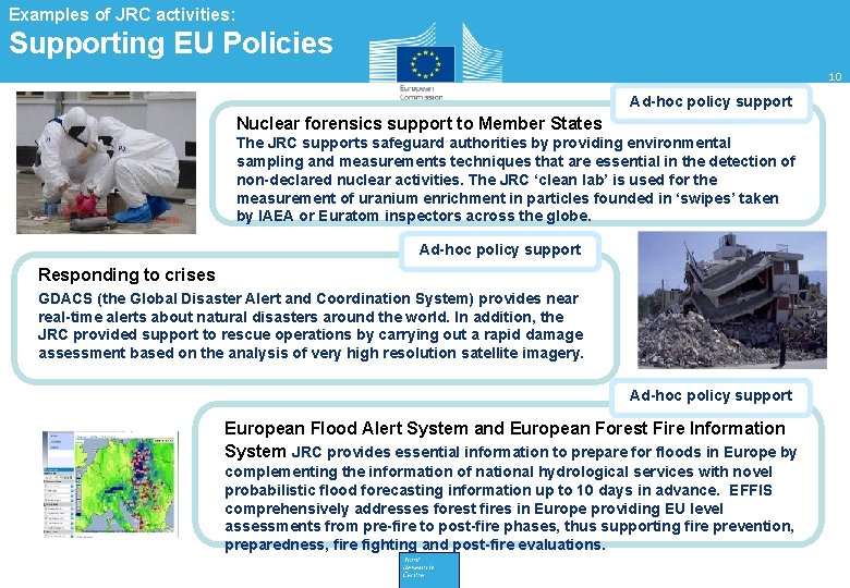 Examples of JRC activities: Supporting EU Policies 10 Ad-hoc policy support Nuclear forensics support