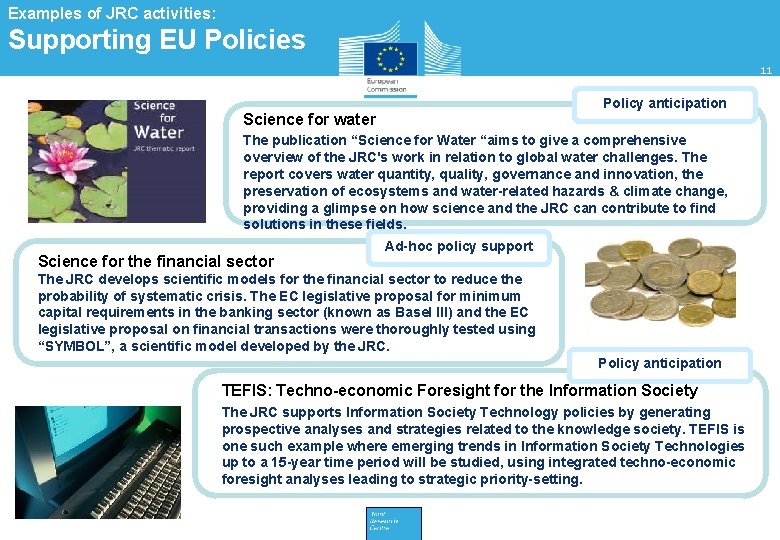 Examples of JRC activities: Supporting EU Policies 11 Policy anticipation Science for water The