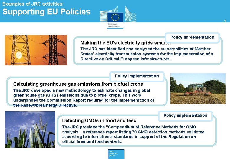 Examples of JRC activities: Supporting EU Policies 9 Policy implementation Making the EU's electricity