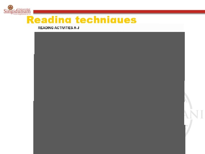 Reading techniques Scrambled stories Skimming Information transfer Paraphrasing Contextual guessing Passage completion Scanning Cloze