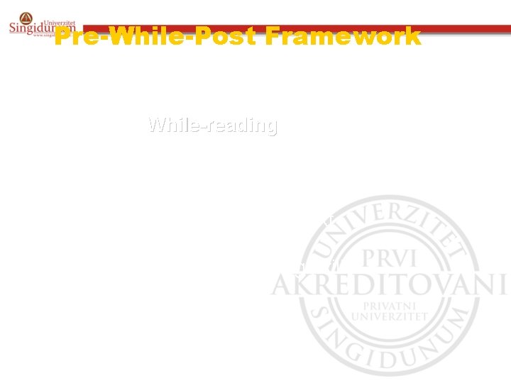 Pre-While-Post Framework While-reading • check predictions • understand the text • develop reading skills