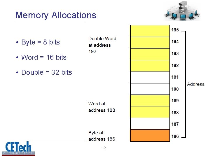 Memory Allocations • Byte = 8 bits • Word = 16 bits • Double Memory Allocations • Byte = 8 bits • Word = 16 bits • Double