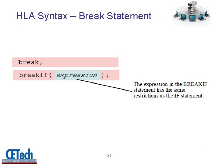 HLA Syntax – Break Statement 24 HLA Syntax – Break Statement 24