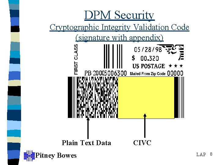 DPM Security Cryptographic Integrity Validation Code (signature with appendix) Plain Text Data Pitney Bowes