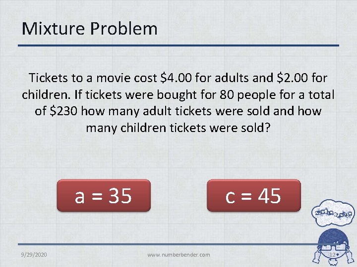 Mixture Problem Tickets to a movie cost $4. 00 for adults and $2. 00