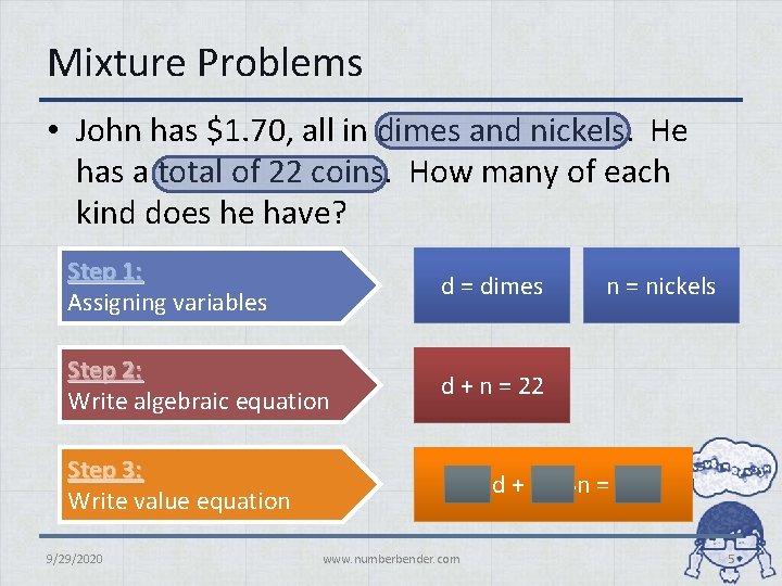 Mixture Problems • John has $1. 70, all in dimes and nickels. He has