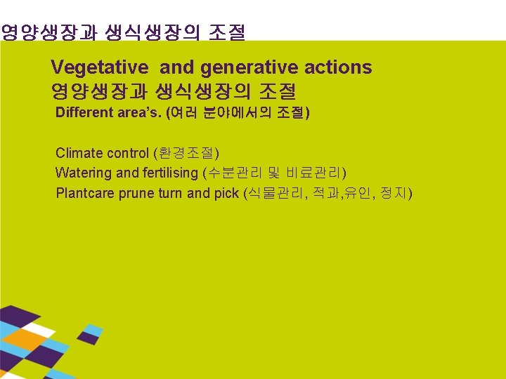 영양생장과 생식생장의 조절 Vegetative and generative actions 영양생장과 생식생장의 조절 Different area’s. (여러 분야에서의