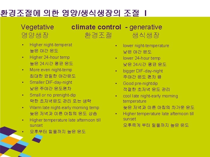 환경조절에 의한 영양/생식생장의 조절 I Vegetative 영양생장 • • climate control - generative 환경조절