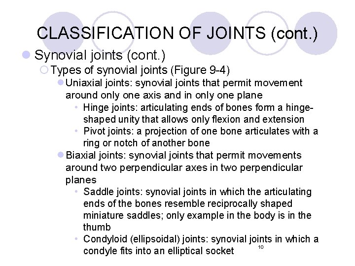 CLASSIFICATION OF JOINTS (cont. ) l Synovial joints (cont. ) ¡ Types of synovial CLASSIFICATION OF JOINTS (cont. ) l Synovial joints (cont. ) ¡ Types of synovial