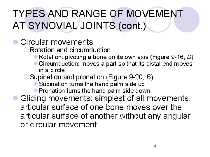 TYPES AND RANGE OF MOVEMENT AT SYNOVIAL JOINTS (cont. ) l Circular movements ¡ TYPES AND RANGE OF MOVEMENT AT SYNOVIAL JOINTS (cont. ) l Circular movements ¡