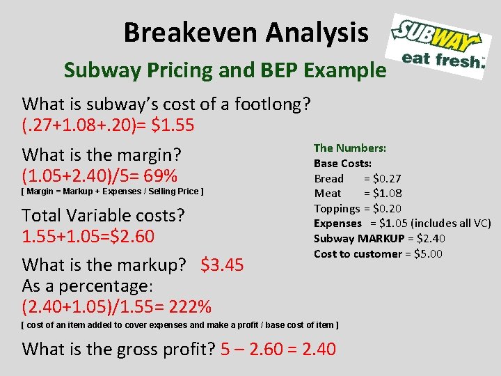 Breakeven Analysis Subway Pricing and BEP Example What is subway’s cost of a footlong?