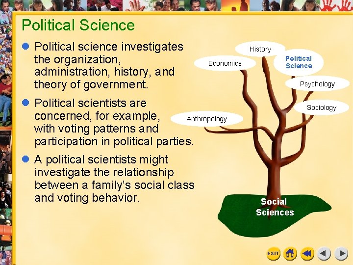 Political Science Political science investigates the organization, administration, history, and theory of government. History