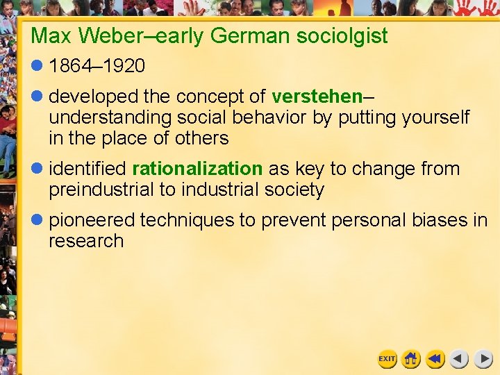 Max Weber–early German sociolgist 1864– 1920 developed the concept of verstehen– understanding social behavior