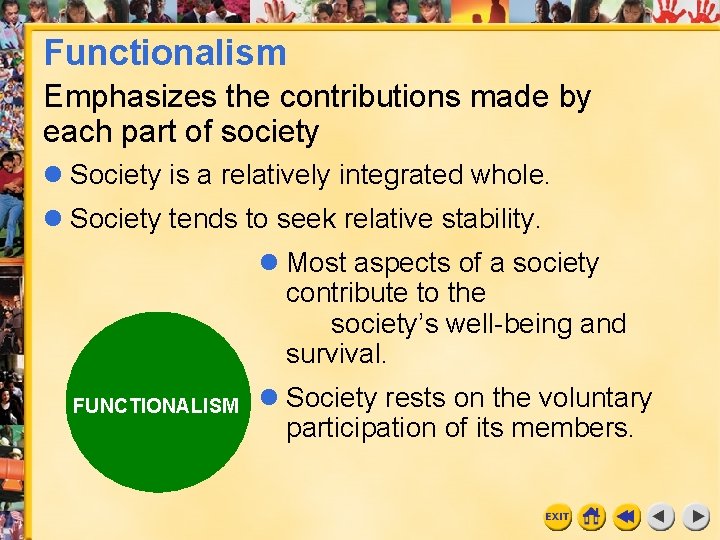 Functionalism Emphasizes the contributions made by each part of society Society is a relatively