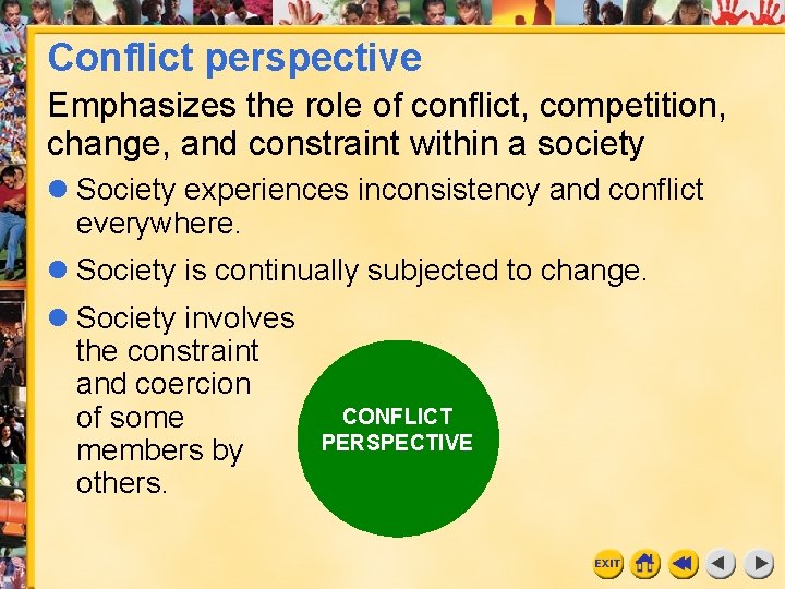 Conflict perspective Emphasizes the role of conflict, competition, change, and constraint within a society