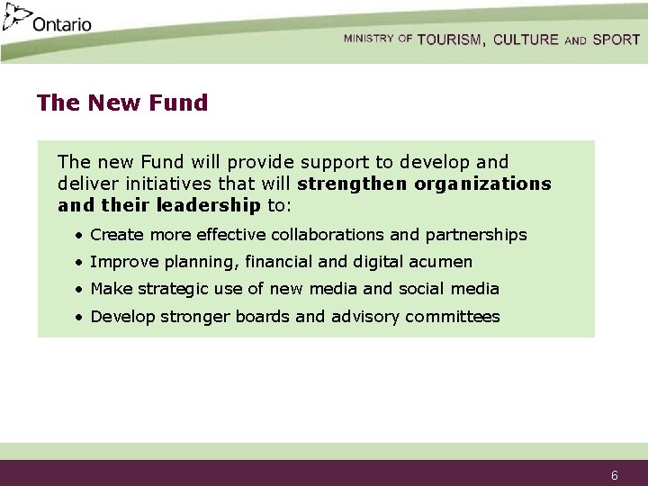The New Fund The new Fund will provide support to develop and deliver initiatives