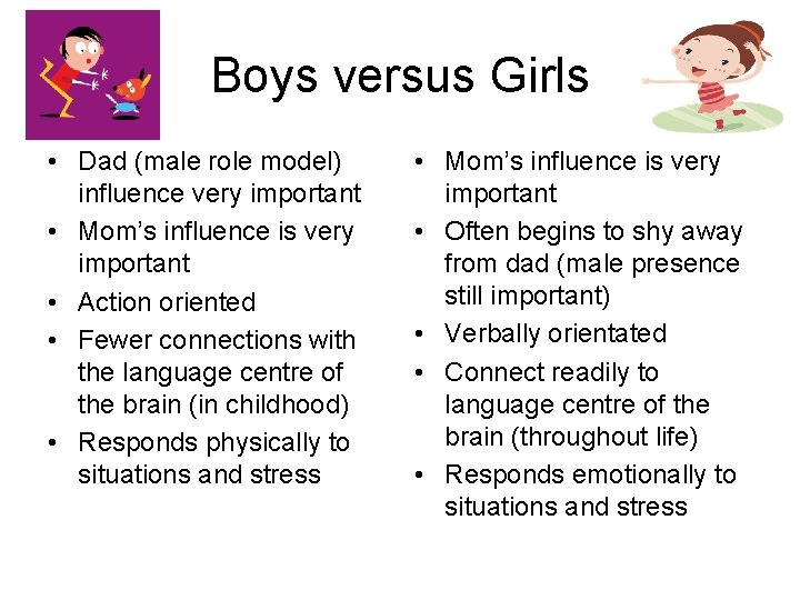Boys versus Girls • Dad (male role model) influence very important • Mom’s influence Boys versus Girls • Dad (male role model) influence very important • Mom’s influence