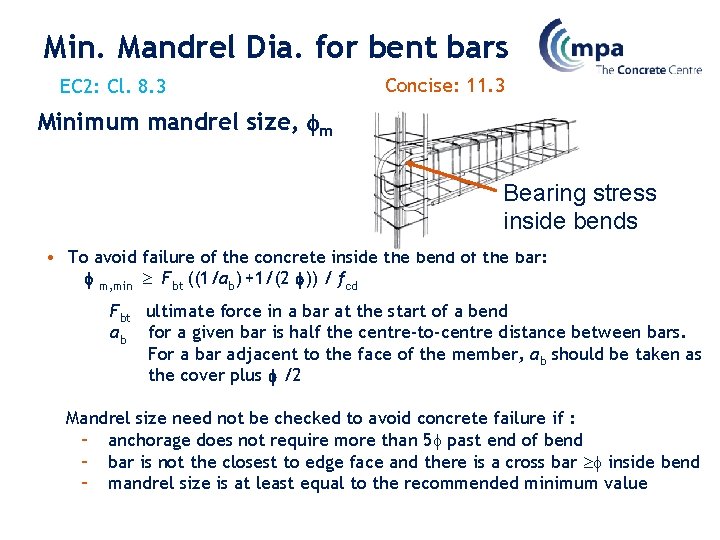 Min. Mandrel Dia. for bent bars EC 2: Cl. 8. 3 Concise: 11. 3