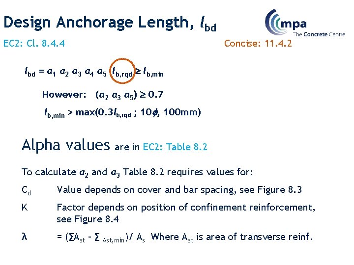 Design Anchorage Length, lbd EC 2: Cl. 8. 4. 4 Concise: 11. 4. 2