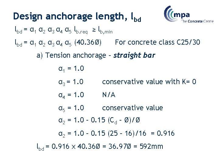 Design anchorage length, lbd = α 1 α 2 α 3 α 4 α