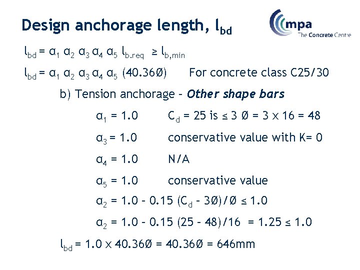 Design anchorage length, lbd = α 1 α 2 α 3 α 4 α