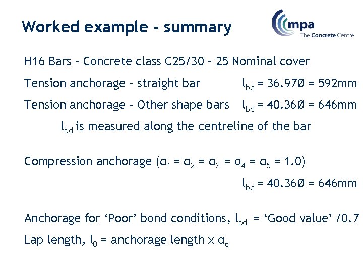 Worked example - summary H 16 Bars – Concrete class C 25/30 – 25