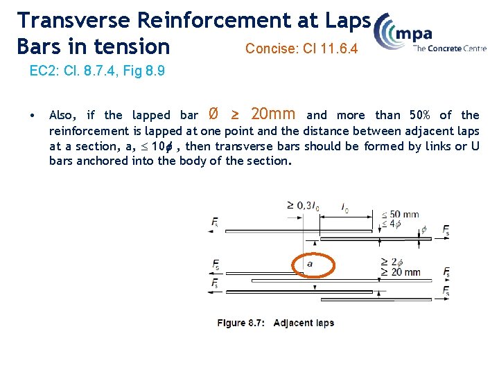 Transverse Reinforcement at Laps Concise: Cl 11. 6. 4 Bars in tension EC 2: