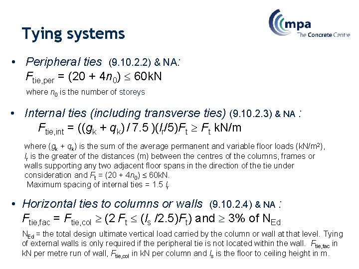 Tying systems • Peripheral ties (9. 10. 2. 2) & NA: Ftie, per =