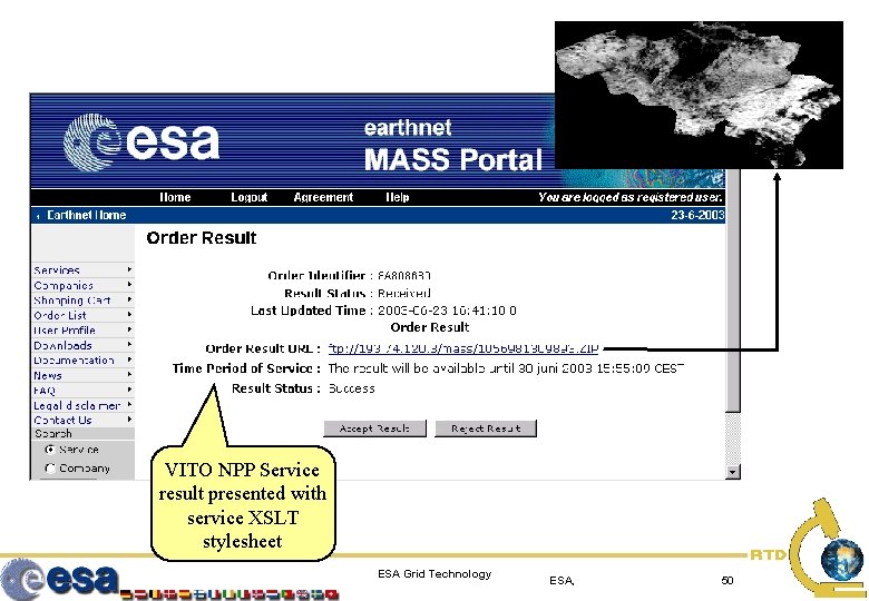 VITO NPP Service result presented with service XSLT stylesheet ESA Grid Technology ESA, 50