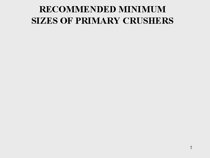 RECOMMENDED MINIMUM SIZES OF PRIMARY CRUSHERS 5 