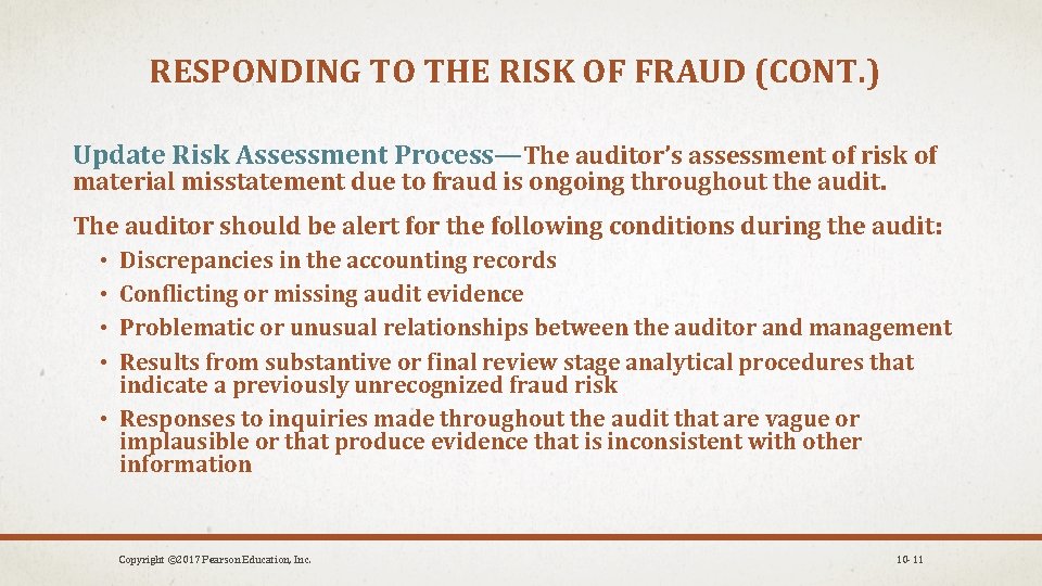 RESPONDING TO THE RISK OF FRAUD (CONT. ) Update Risk Assessment Process—The auditor’s assessment RESPONDING TO THE RISK OF FRAUD (CONT. ) Update Risk Assessment Process—The auditor’s assessment