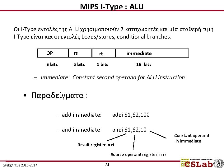 MIPS I-Type : ALU Οι I-Type εντολές της ALU χρησιμοποιούν 2 καταχωρητές και μία