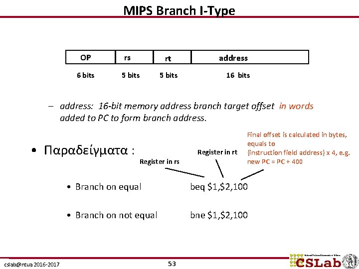 MIPS Branch I-Type OP 6 bits rs address rt 5 bits 16 bits –