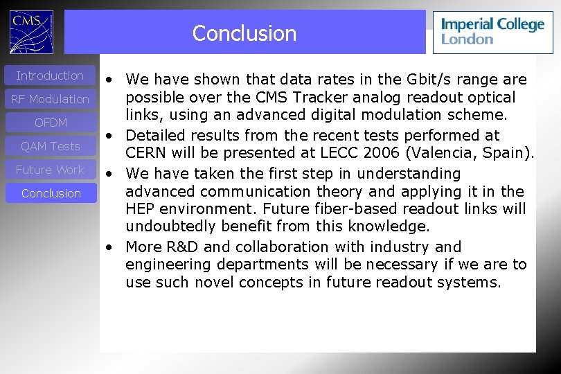 Conclusion Introduction RF Modulation OFDM QAM Tests Future Work Conclusion • We have shown