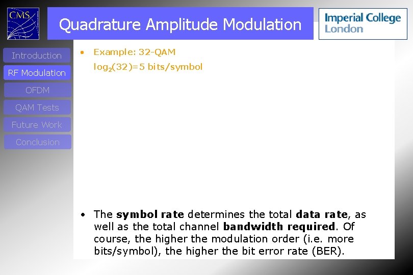 Quadrature Amplitude Modulation Introduction RF Modulation • Example: 32 -QAM log 2(32)=5 bits/symbol OFDM