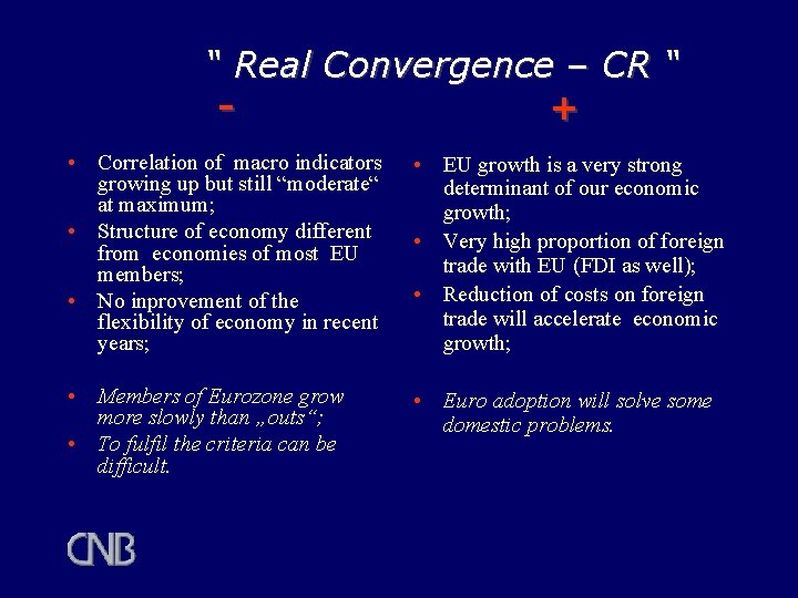 “ Real Convergence – CR “ + • Correlation of macro indicators growing up “ Real Convergence – CR “ + • Correlation of macro indicators growing up