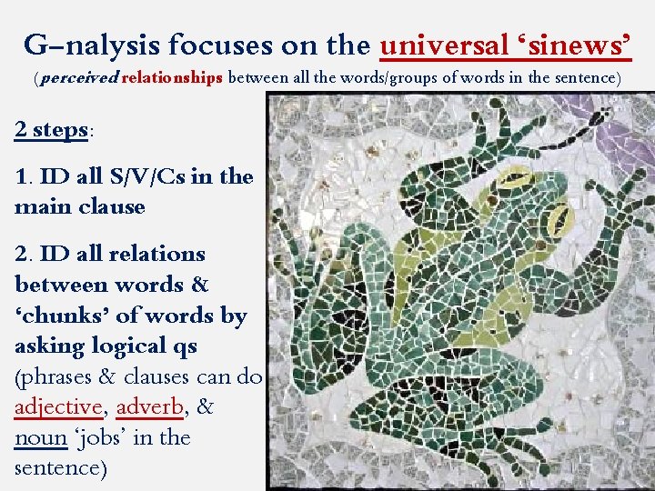 G-nalysis focuses on the universal ‘sinews’ (perceived relationships between all the words/groups of words