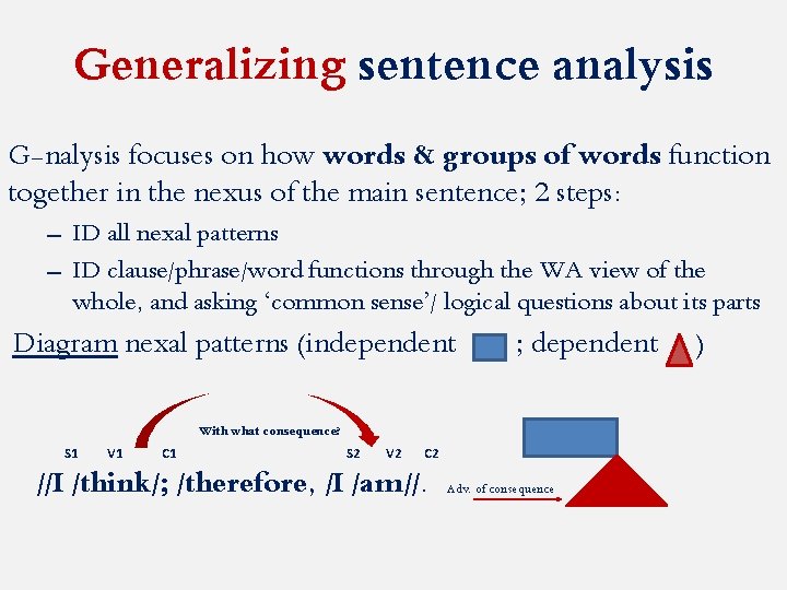 Generalizing sentence analysis G-nalysis focuses on how words & groups of words function together
