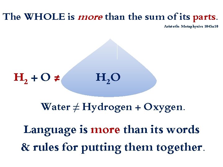 The WHOLE is more than the sum of its parts. Aristotle: Metaphysics 1045 a