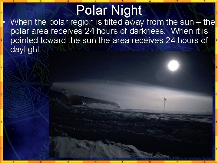 Polar Night • When the polar region is tilted away from the sun –