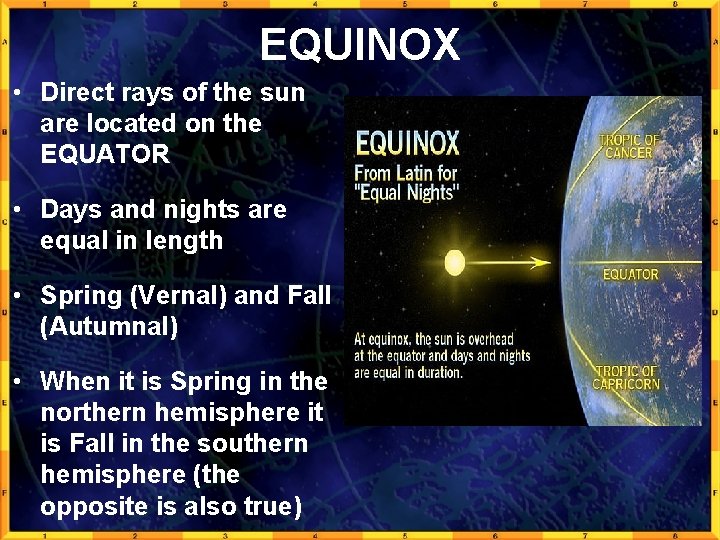 EQUINOX • Direct rays of the sun are located on the EQUATOR • Days